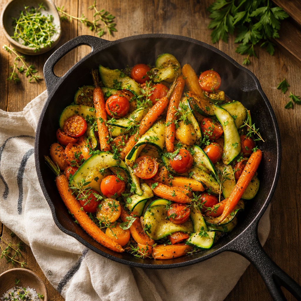 Rustic cast-iron skillet with sautéed seasonal vegetables and herbs, warm steam rising