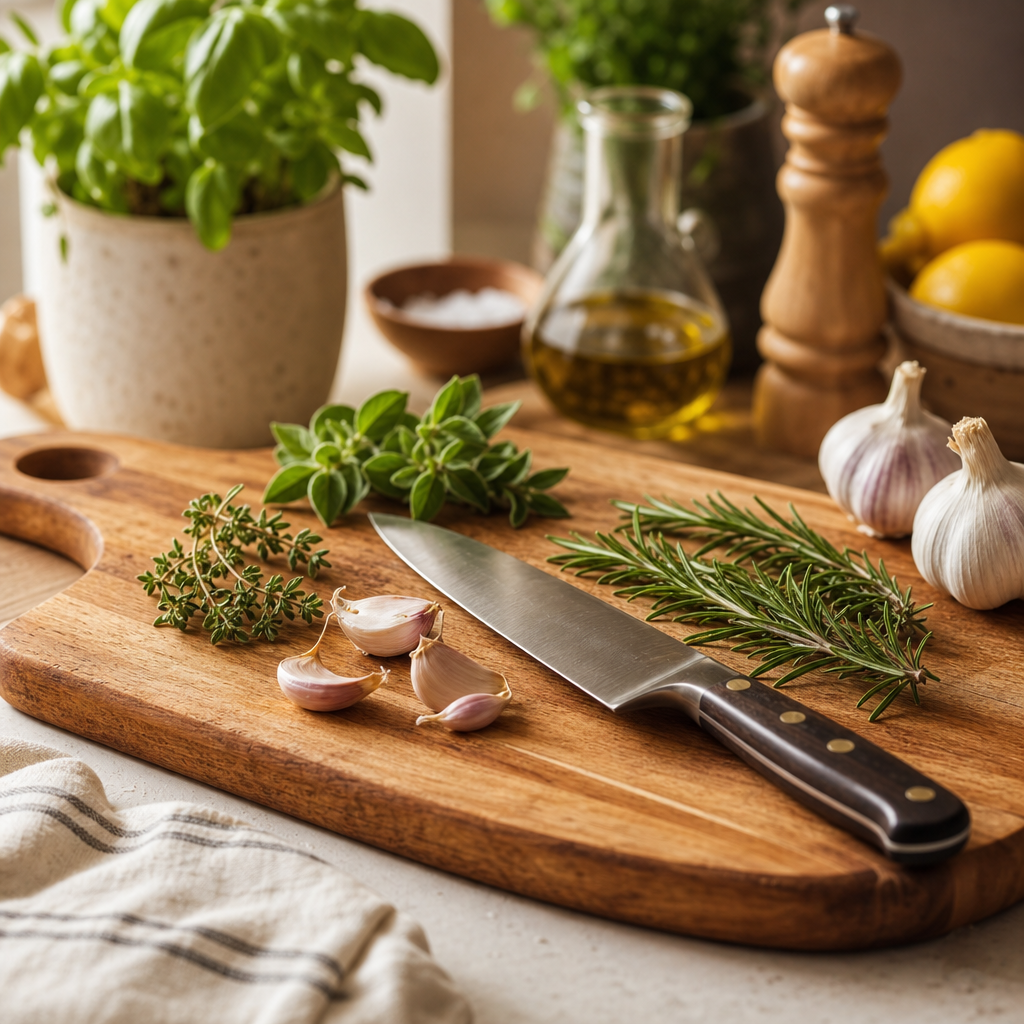 Wooden cutting board with knife and fresh herbs