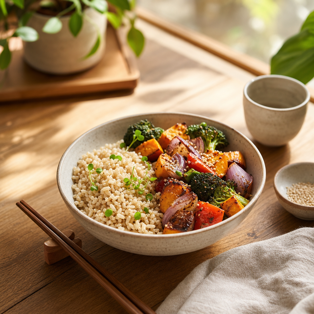 A warm wooden table with a simple bowl of brown rice, roasted vegetables, and chopsticks, styled in soft morning light.