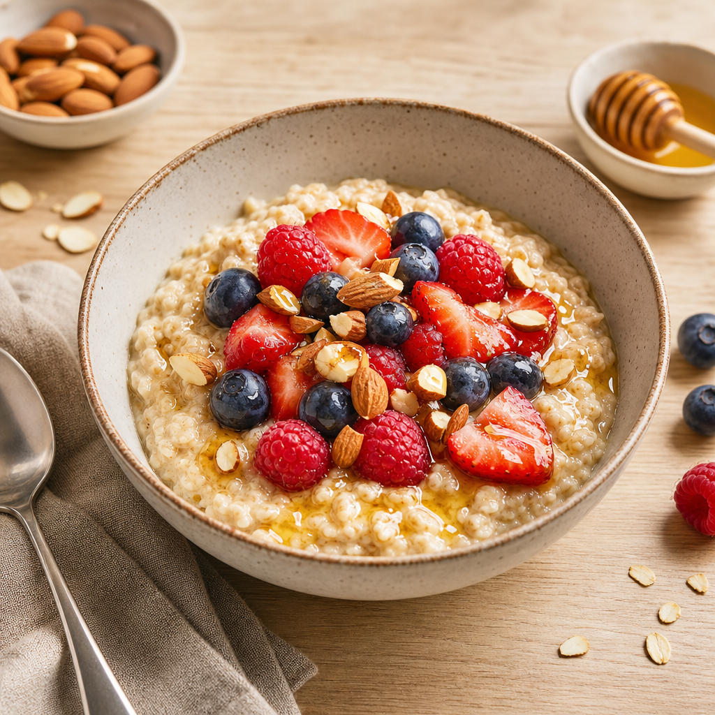 Warm oatmeal breakfast bowl topped with berries and toasted nuts