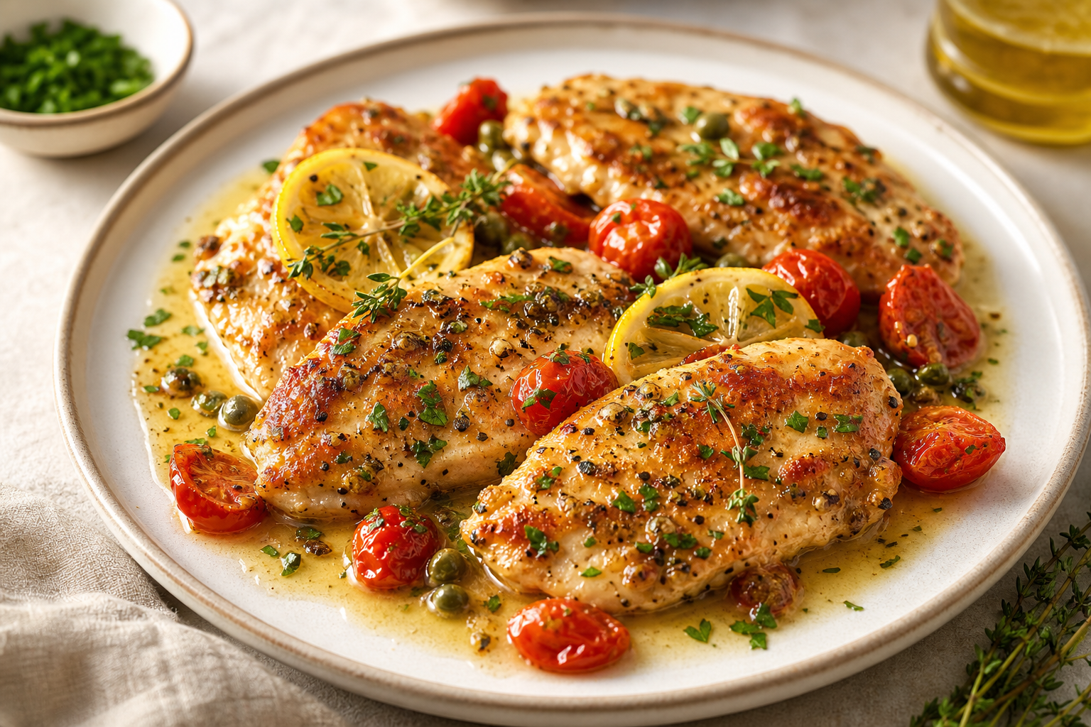 Pan-seared lemon chicken with roasted tomatoes and herbs