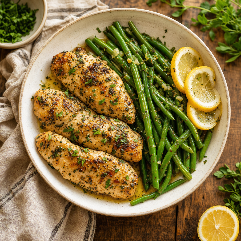 Bowl of lemon herb chicken with green beans