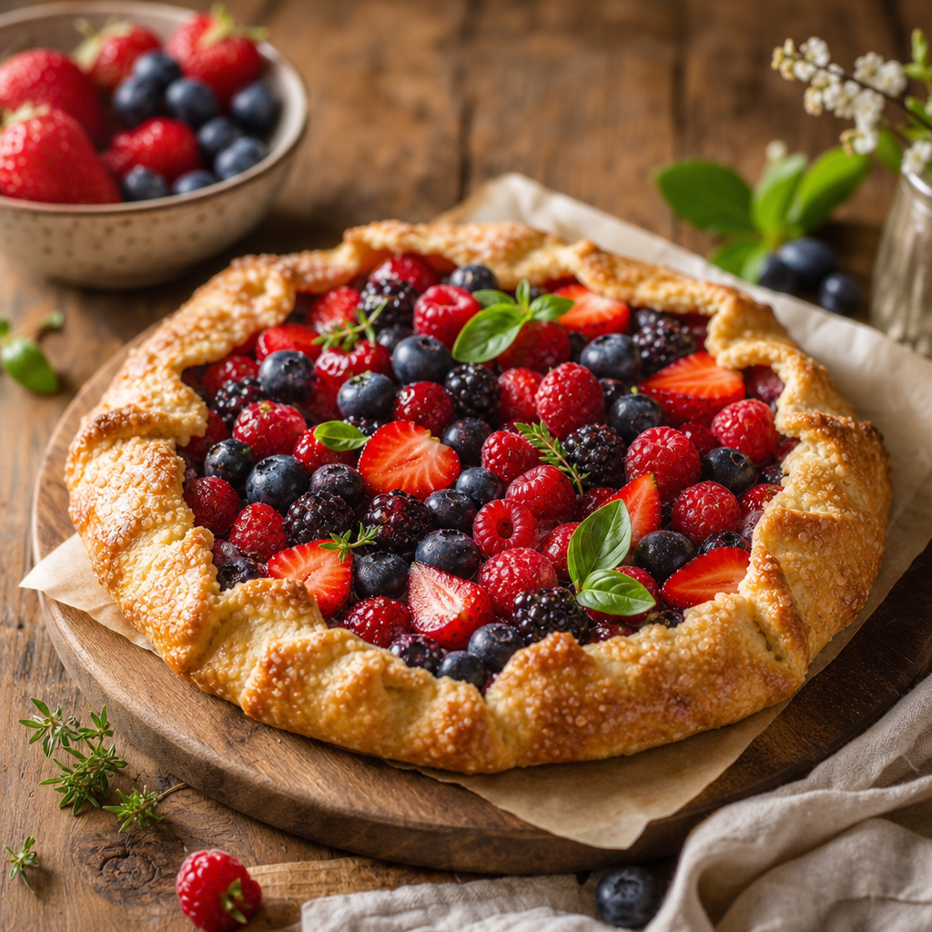 Rustic tart with summer berries and herbs