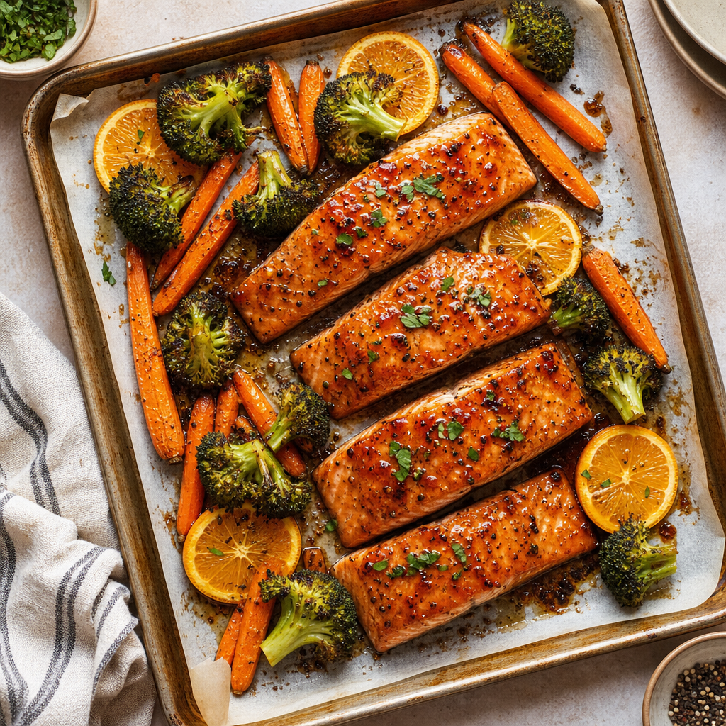Sheet-pan salmon with roasted vegetables and citrus slices