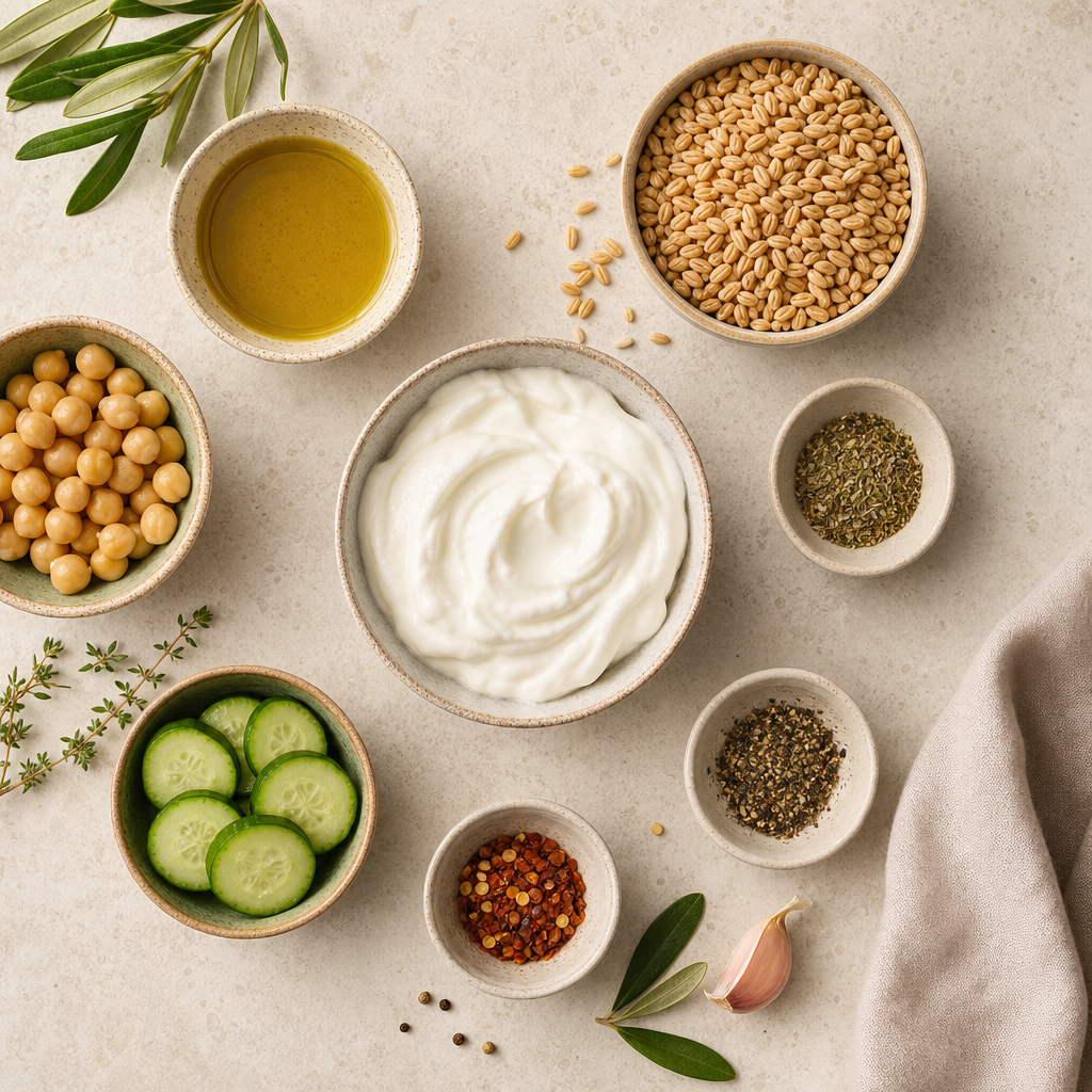 A light ceramic countertop with small bowls of Greek yogurt, olive oil, whole grains, and spices arranged neatly.