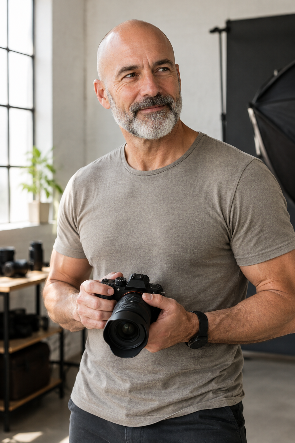 Behind-the-scenes portrait of a fit, bearded, bald mature male creator in a clean studio setting, holding a camera with soft natural light