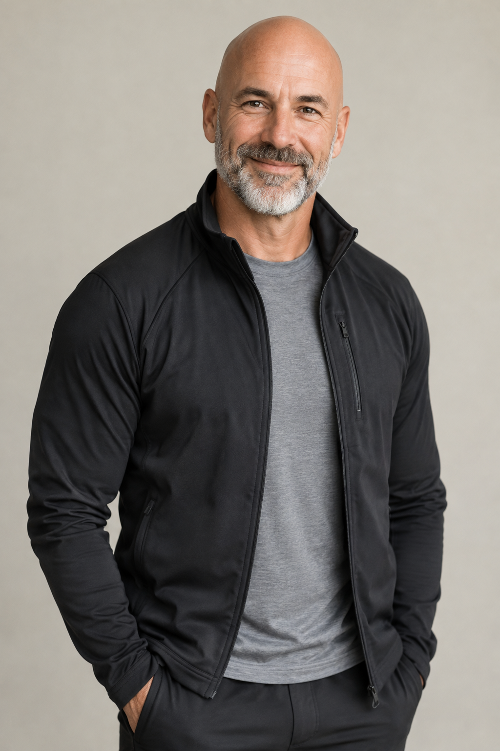 Doug, a bald bearded fit Gen X male creator in a clean studio portrait wearing a neutral athletic jacket