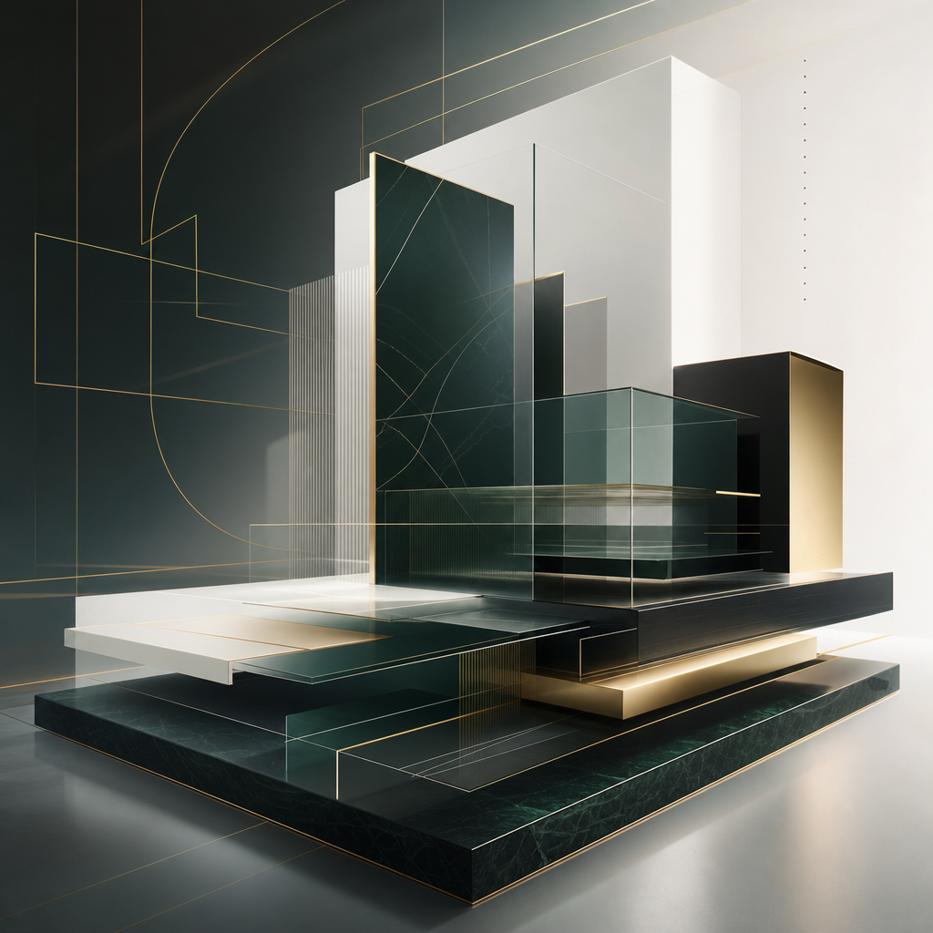 Premiumes, modernes Marken-Visual: elegante, abstrakte Ebenen und Linien wie eine Markenarchitektur, mit obsidian-grünen Akzenten und weichen Lichtreflexen