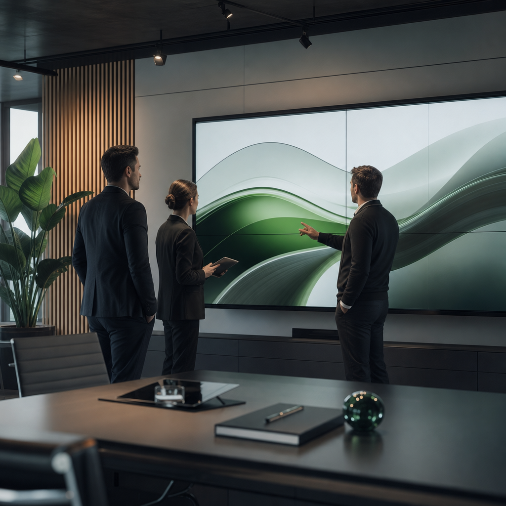 Professionelle Business-Szene mit einem kreativen Team vor großen digitalen Medien- und Brand-Wall-Displays, moderne Agenturatmosphäre in kühlen Blau- und Grautönen