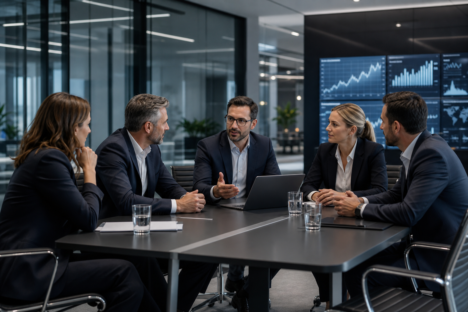 Hochwertiges Business-Team in einem modernen, lichtdurchfluteten Konferenzraum mit digitalen Screens und professioneller Ausstrahlung