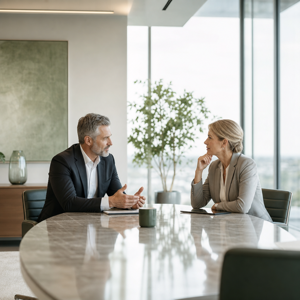 Diskretes Executive Coaching in einer modernen, hellen Vorstandssuite mit strategischem Austausch