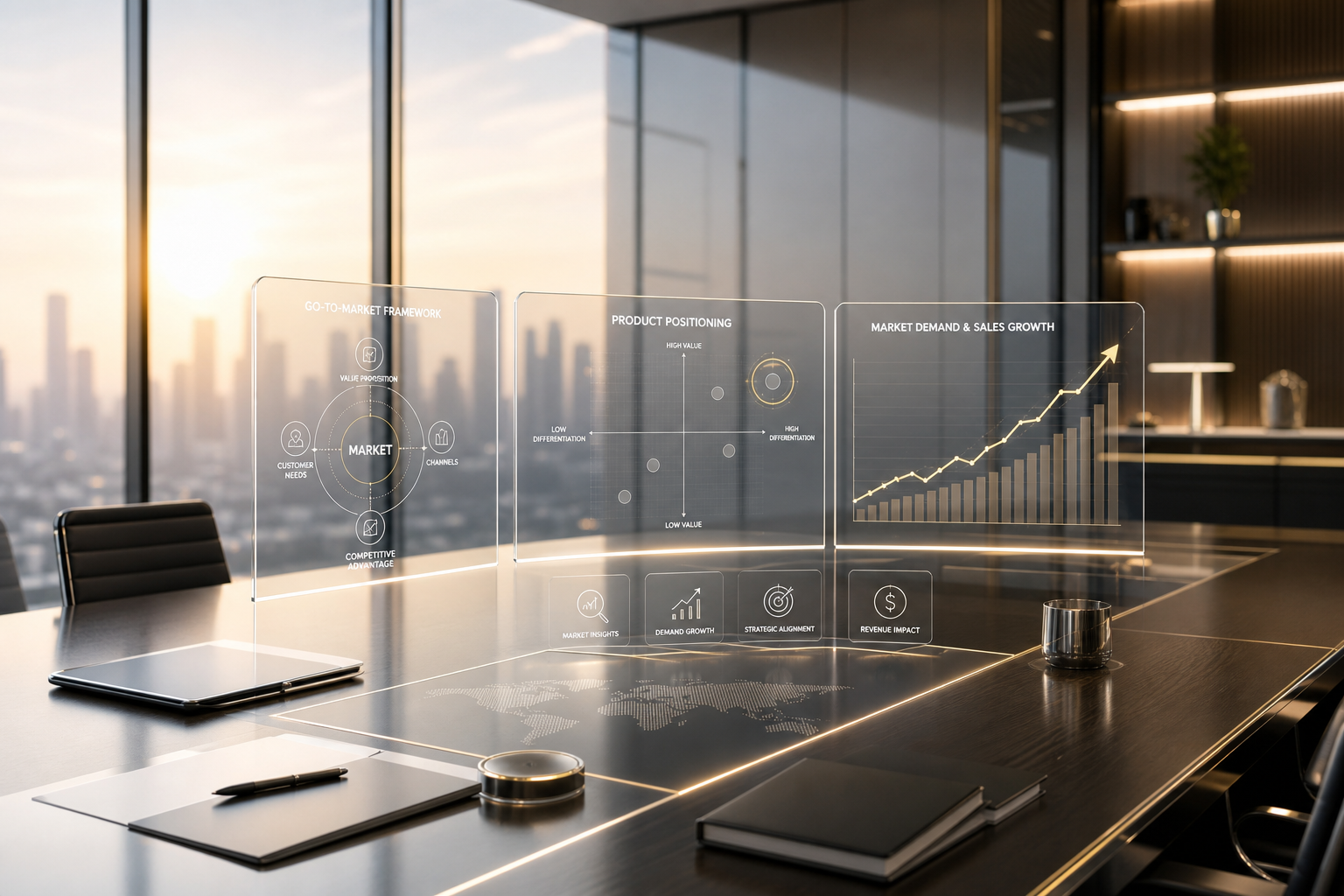 Premiume Visualisierung einer Go‑to‑Market‑Strategie mit klaren Produktpositionierungs‑Elementen, wachsender Nachfrage und sichtbaren Sales‑Momentum‑Signalen in einem modernen Business‑Setting.