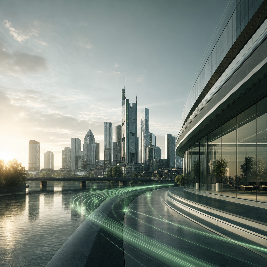 Futuristische digitale Skyline mit abstrakten Lichtlinien und moderner Architektur