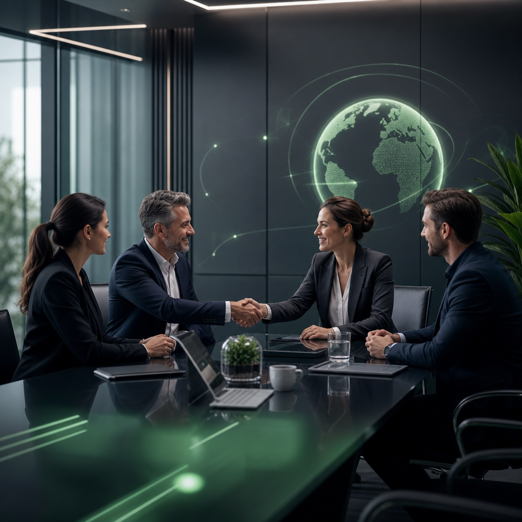 Professionelle Zusammenarbeit in einem modernen Meetingraum mit dezenten digitalen Akzenten