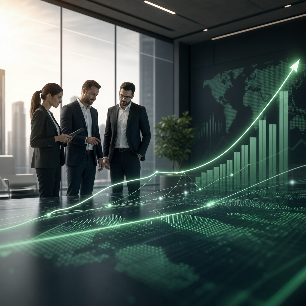 Modernes Strategie-Visual mit abstrahierten Wachstumslinien, digitalen Rasterflächen und fokussierten Stakeholder-Silhouetten in einem futuristischen Bürosetting