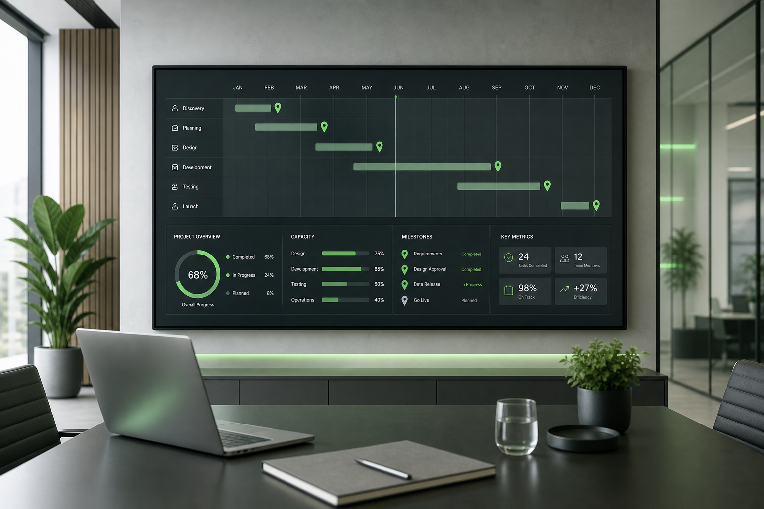 Professionelles Projektmanagement-Dashboard mit Zeitplan, Meilensteinen und Leistungskennzahlen für strategische Steuerung