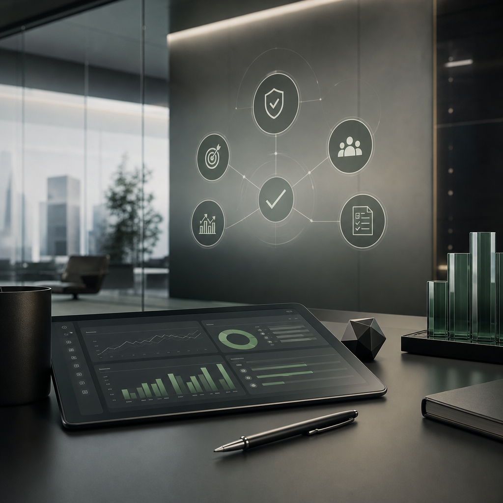 Modernes, futuristisches Projektmanagement-Dashboard in einer eleganten Führungsumgebung