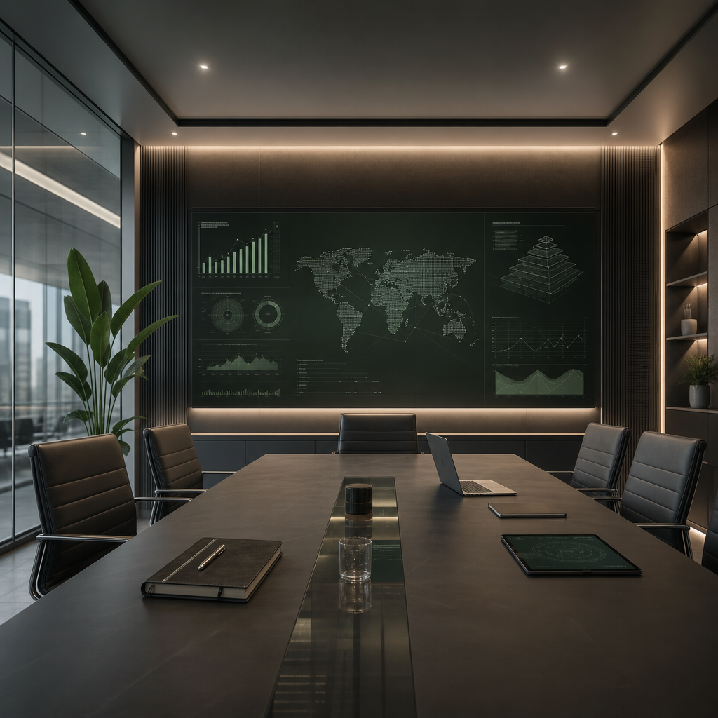 Modernes Beratungsatelier mit digitalen Strategiepaneelen, klaren Linien und einem hochwertigen Konferenztisch in dezenten Grün- und Stahltonfarben