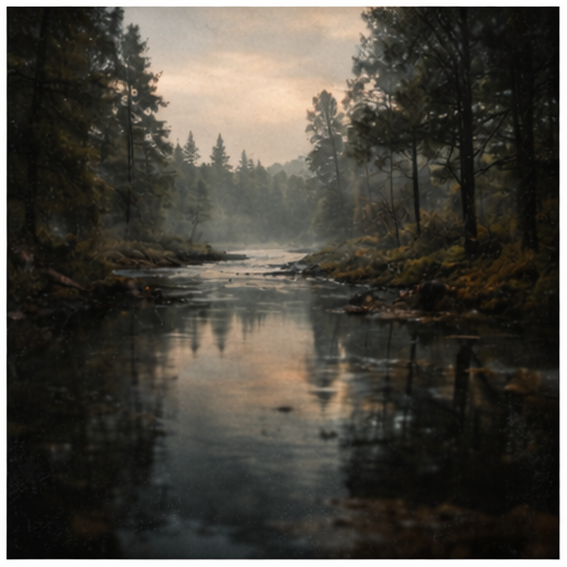 Expedition cooking over open fire, kettle and pot, dark forest background, subdued colors