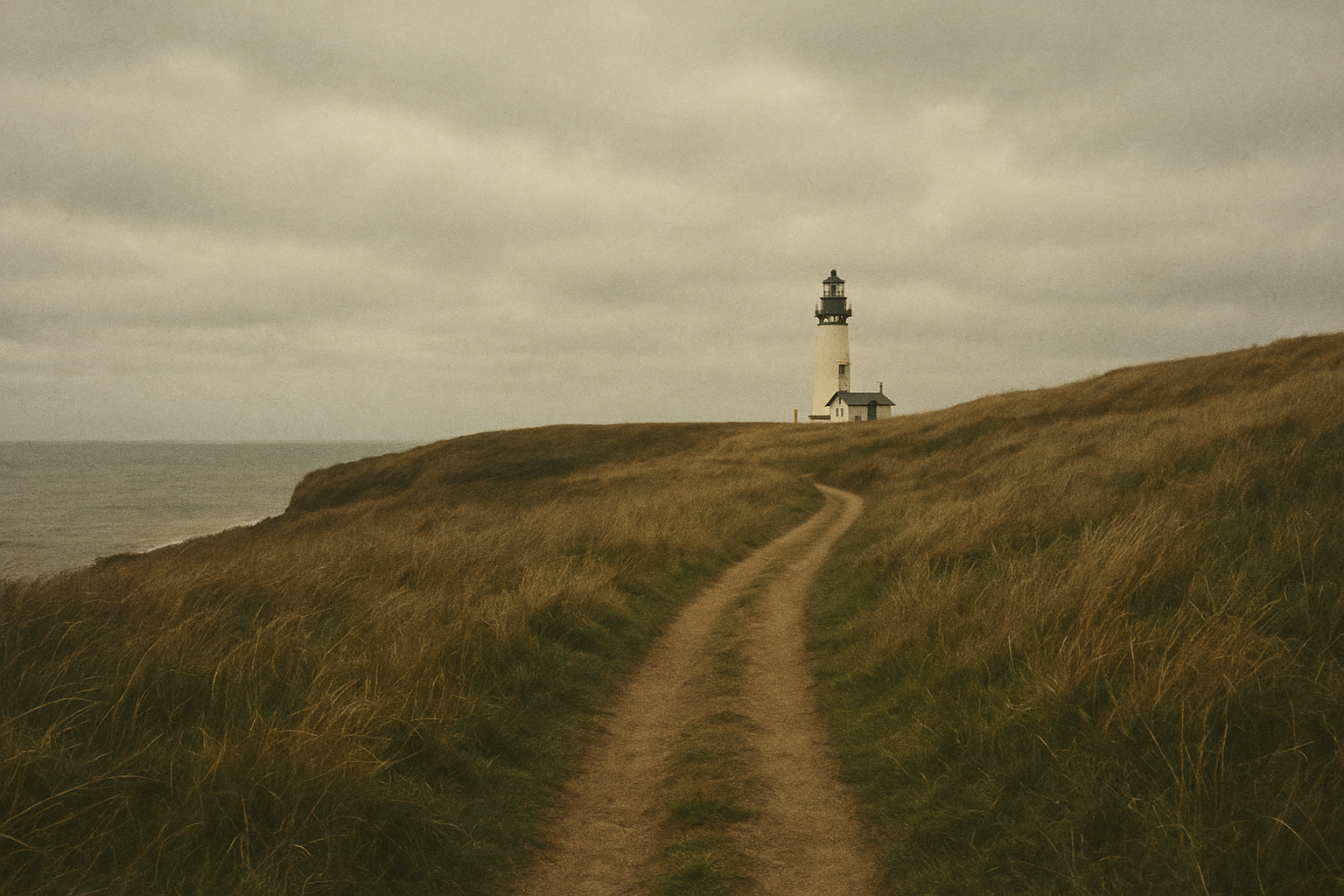 Narrow coast path leading toward a distant lighthouse above rough grass