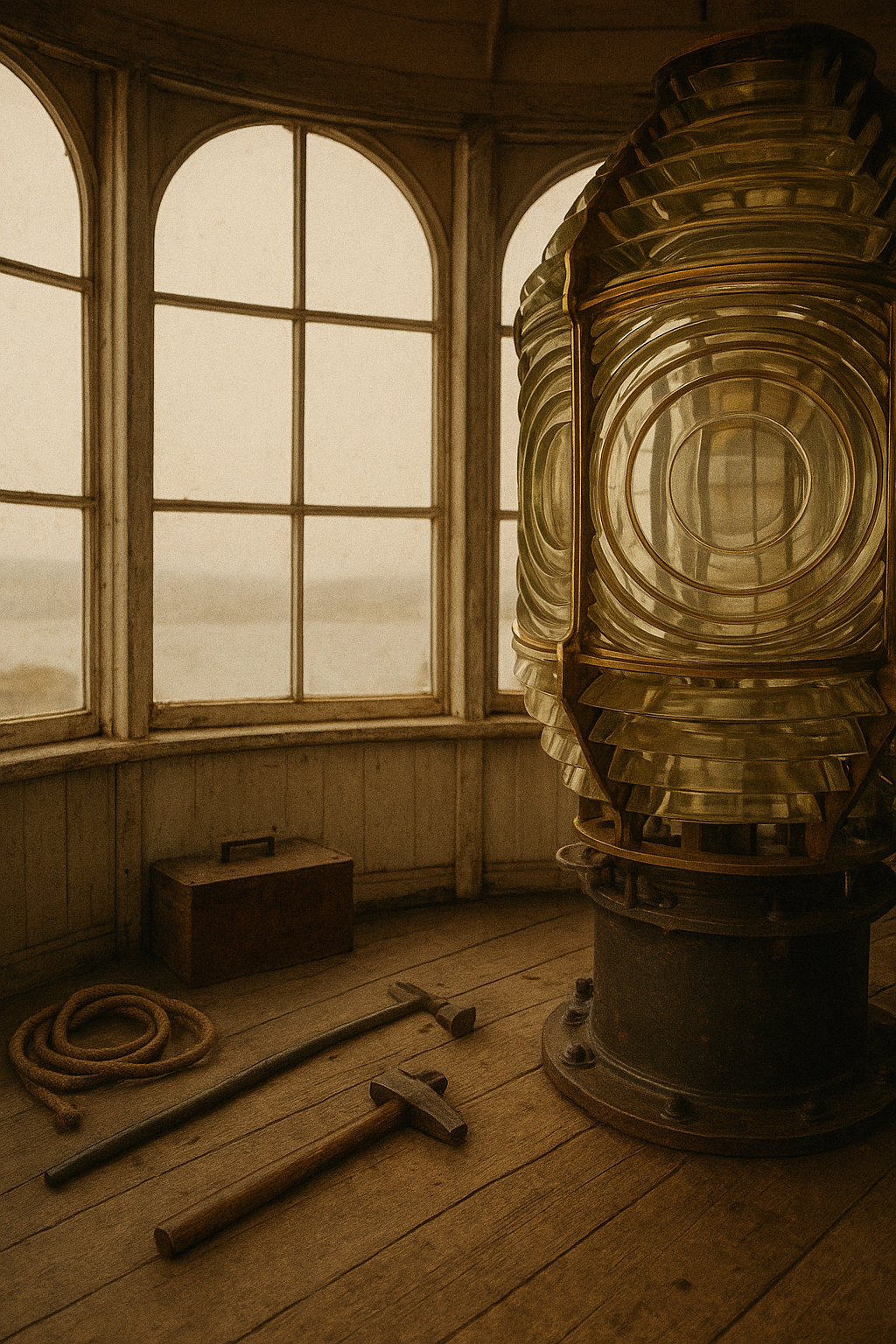 Lantern room interior with brass lens segments and weathered keeper tools
