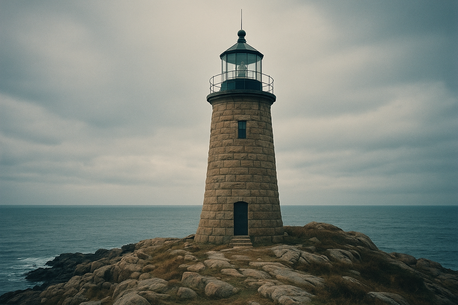 Granite lighthouse exterior on a wind-cleared headland under late-afternoon light