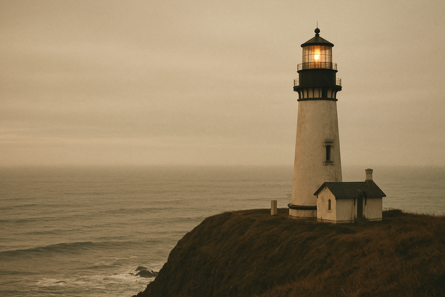 Sea-facing lighthouse tower on cliff edge with low swell and dusk haze