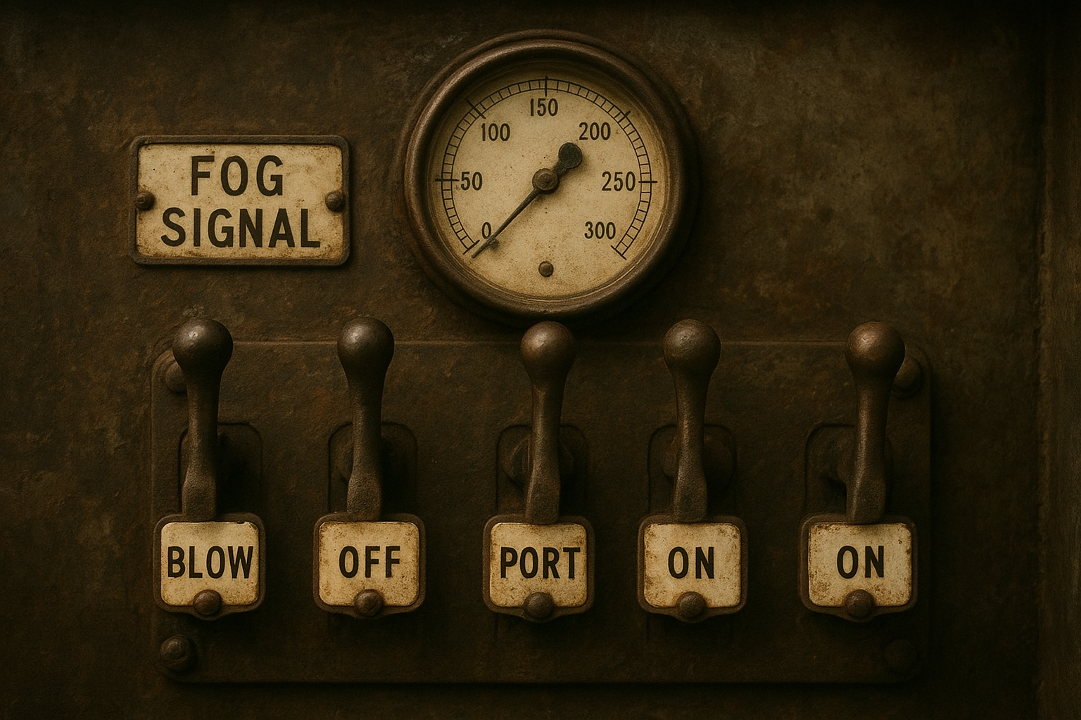 Historic fog signal mechanism with levers, gauges, and enamel labels