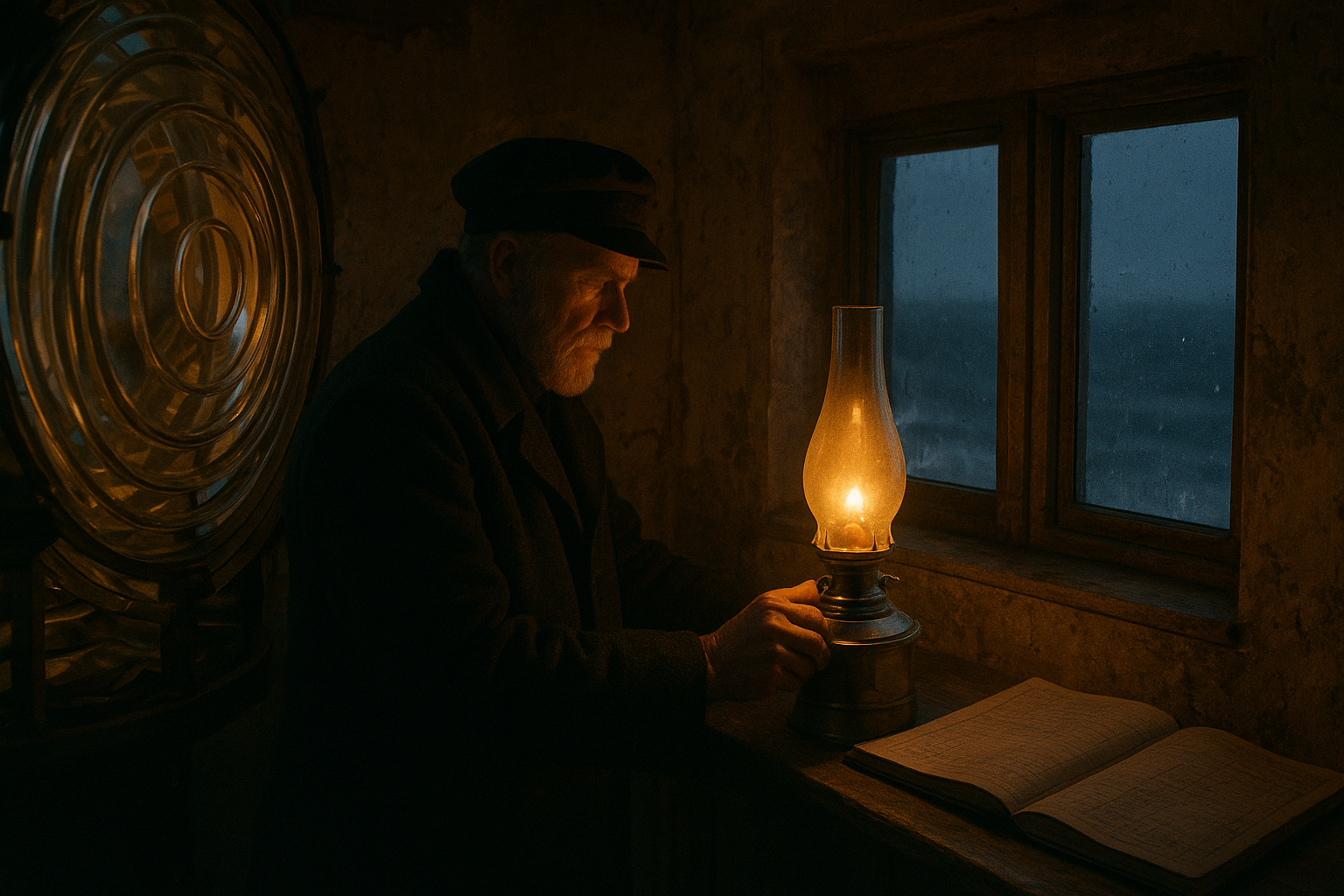 Warm documentary scene inside a lighthouse lamp room, with brass lens reflections and storm light outside.