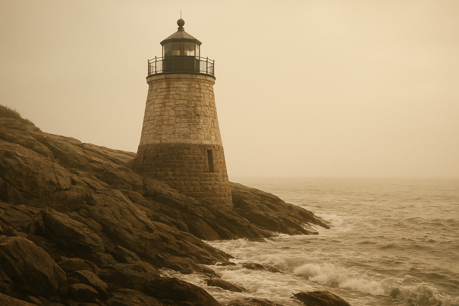Weathered stone lighthouse on the northern coast in soft sea haze, film-photography warmth, and documentary realism
