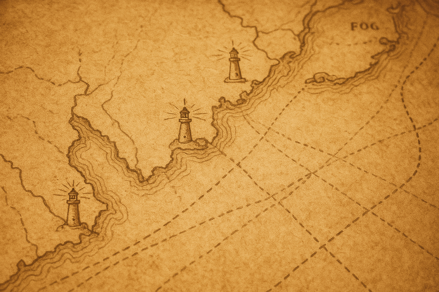 Archival map fragment of the northern coastline showing lighthouse symbols, fog-signal notations, and hand-drawn shipping routes in warm sepia tones