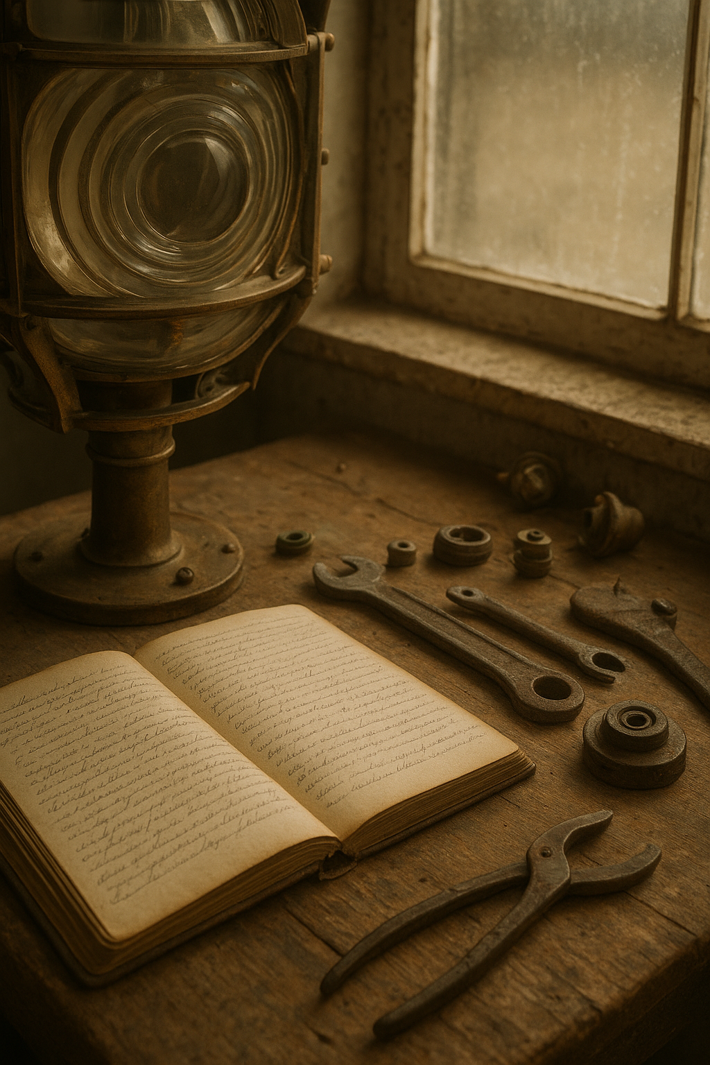Close-up archival scene of a weathered lighthouse lantern room maintenance table with brass fittings, handwritten logbook pages, and salt-worn tools in warm film-like light