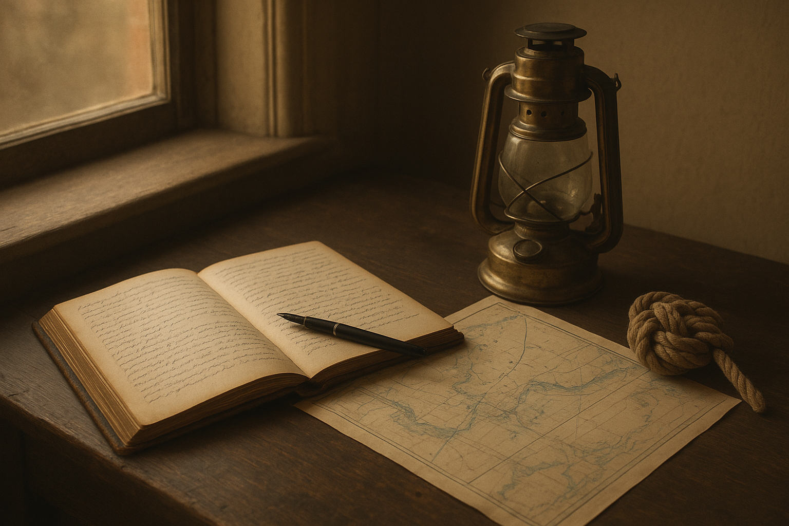 Documentary-style view of a weathered wooden desk with a lighthouse logbook, brass lantern, and folded coastal chart in warm grainy light