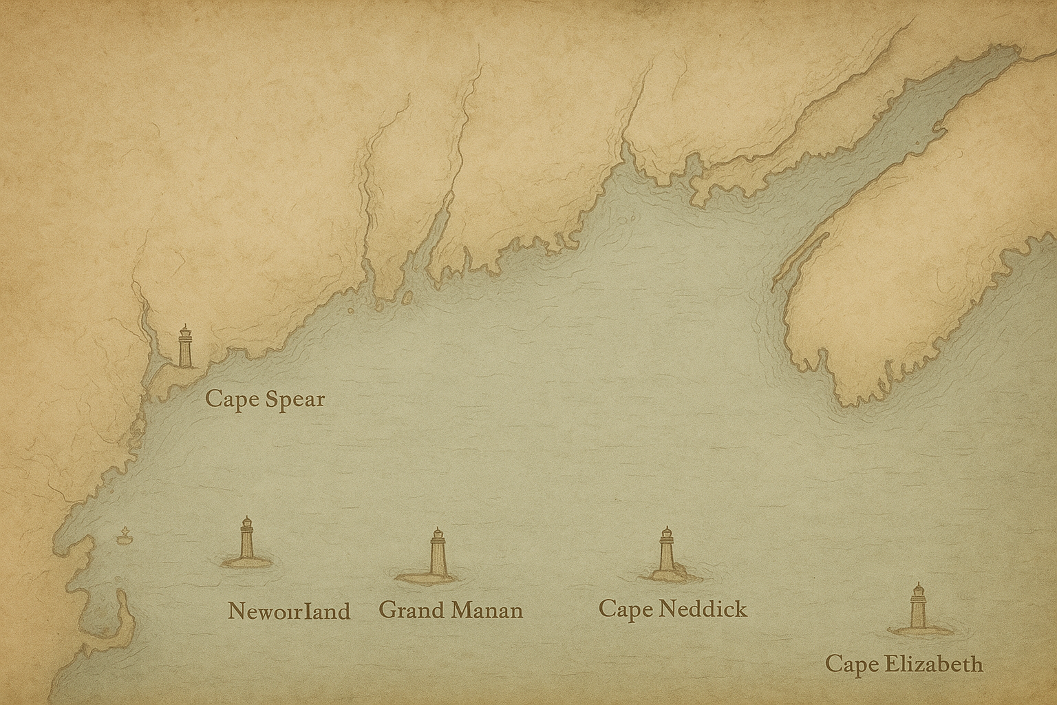 Illustrated documentary-style map of the northern coast showing preserved lighthouse sites, headlands, and harbor routes