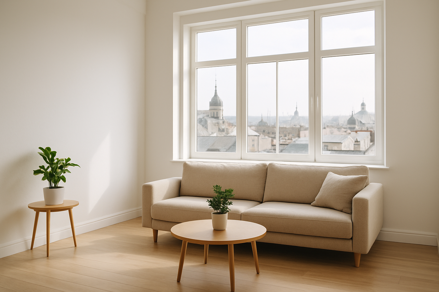 Bright staged Kyiv apartment living room with tall windows overlooking city rooftops