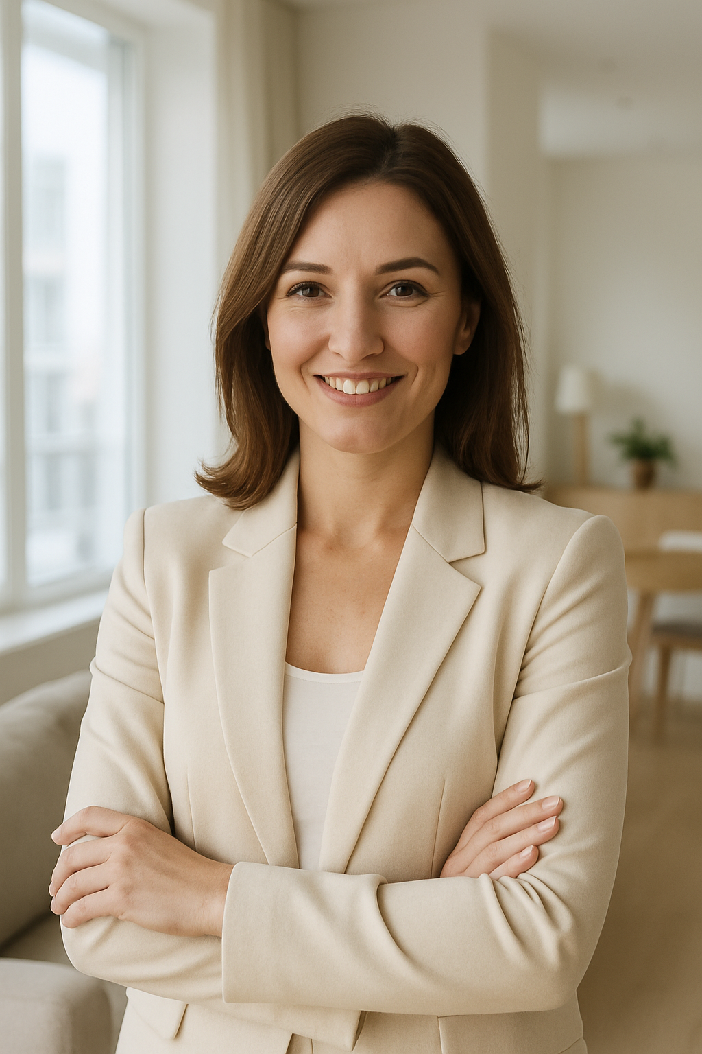 Portrait of Olha Melnyk, a confident Kyiv real estate agent in bright natural light
