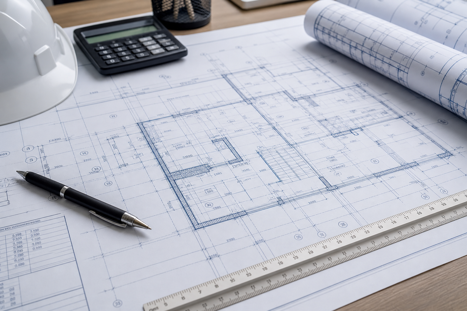 Architectural engineering plan sheet with technical line drawings, structural notes, and measurement grids on a drafting table