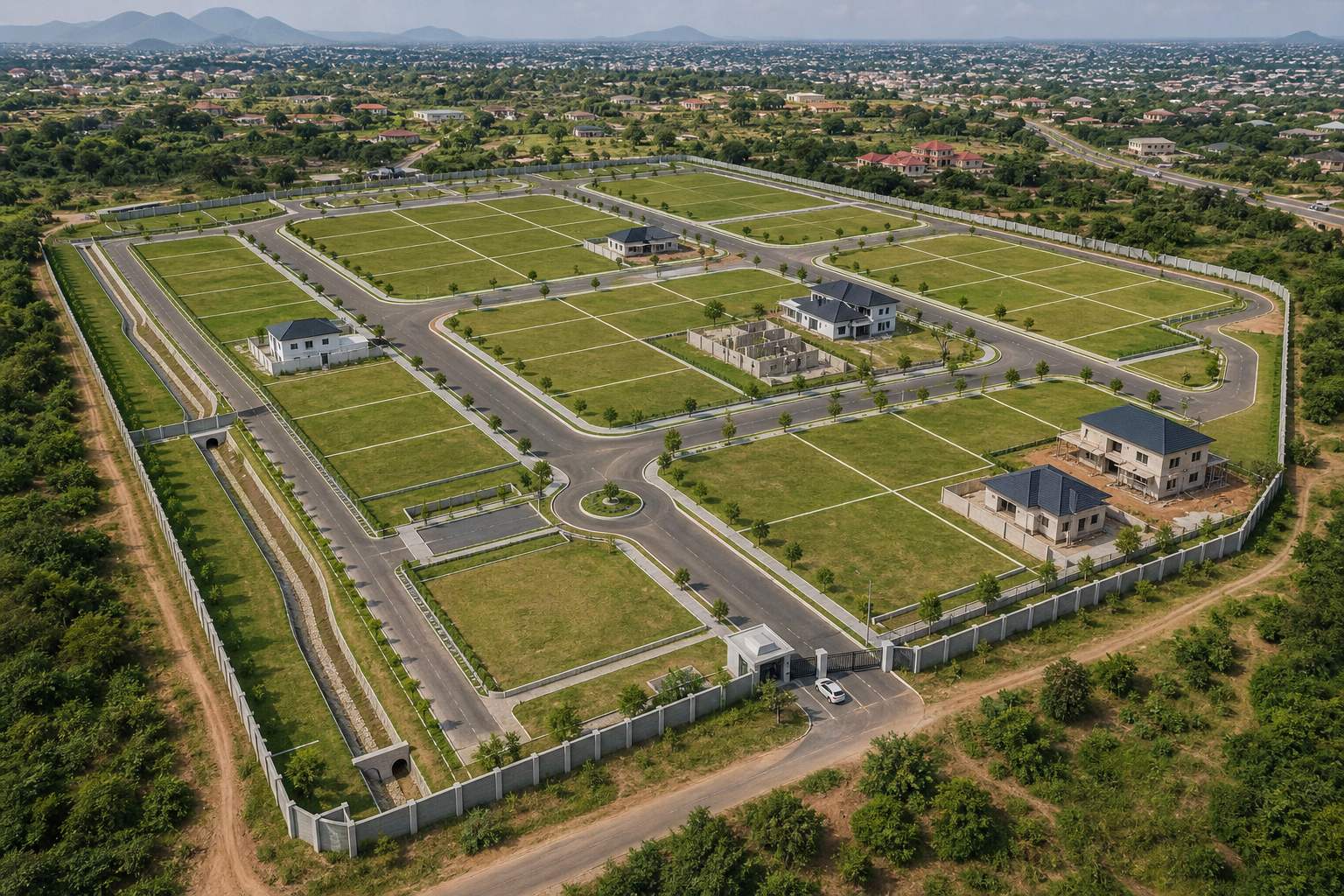 A professional Abuja land development site plan with plotted residential lots, internal road network, and organized green buffers