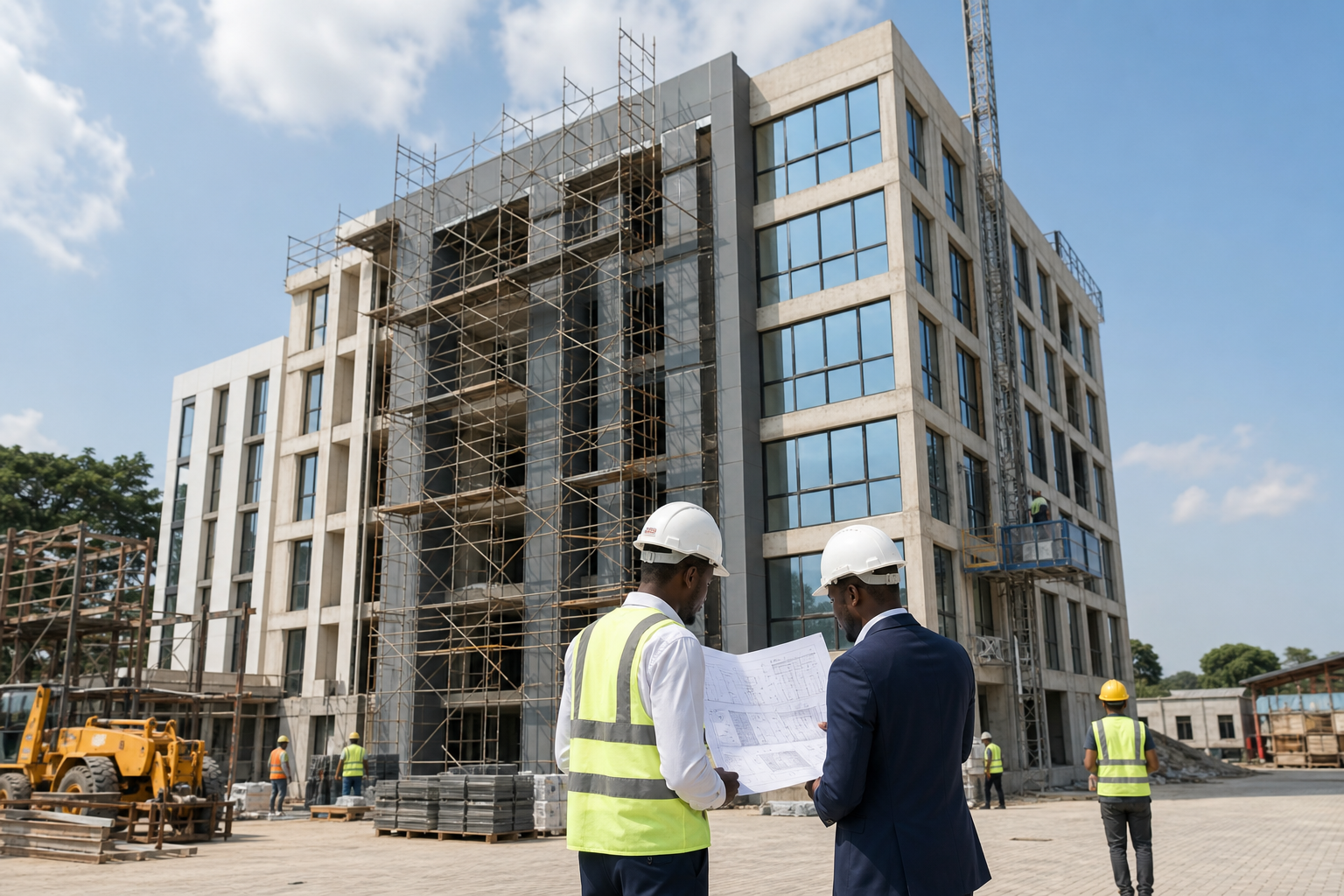 Professional construction and development site with modern building structures and engineering activity in Nigeria