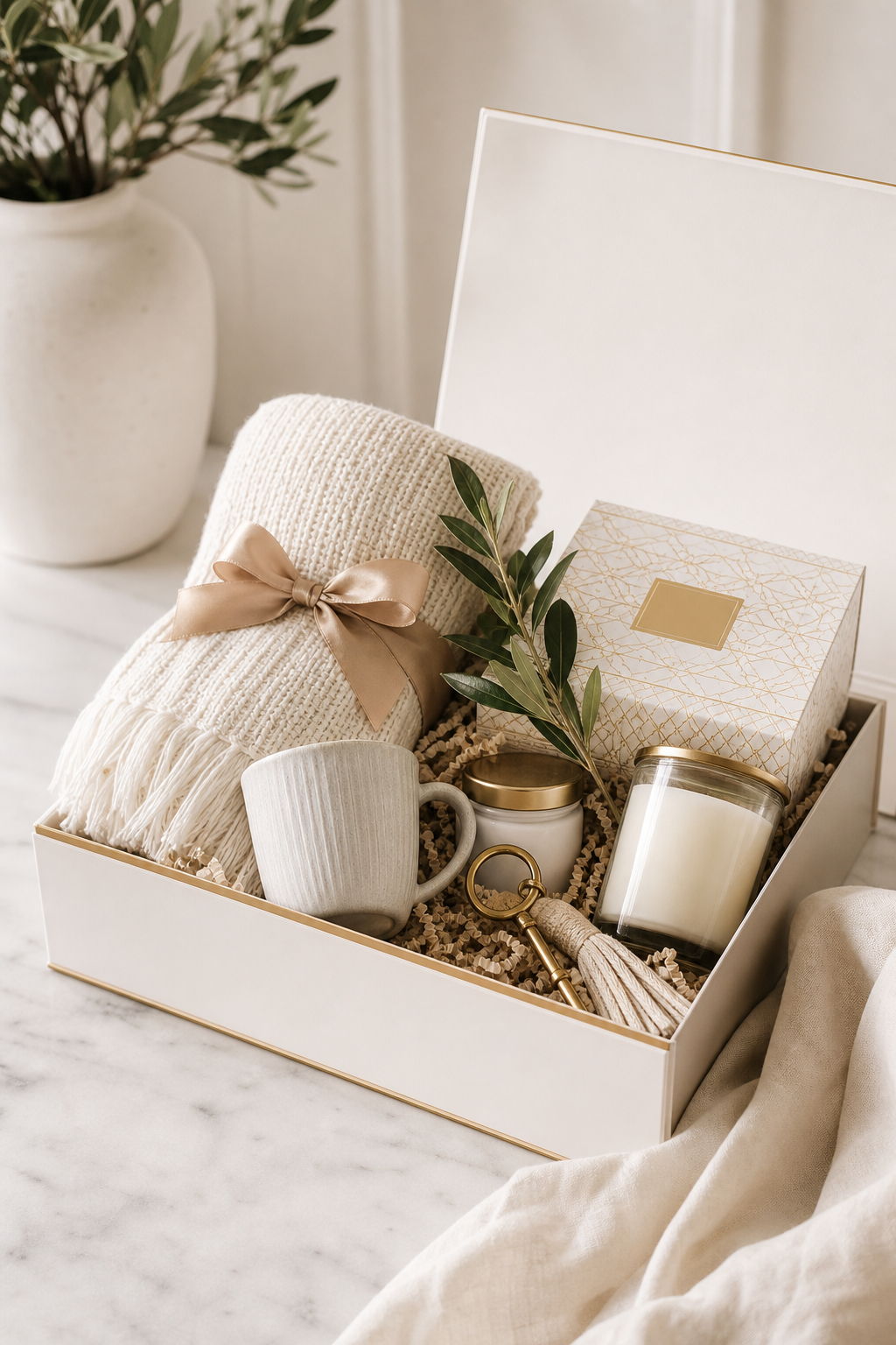 Curated new home gift box arranged in a polished style