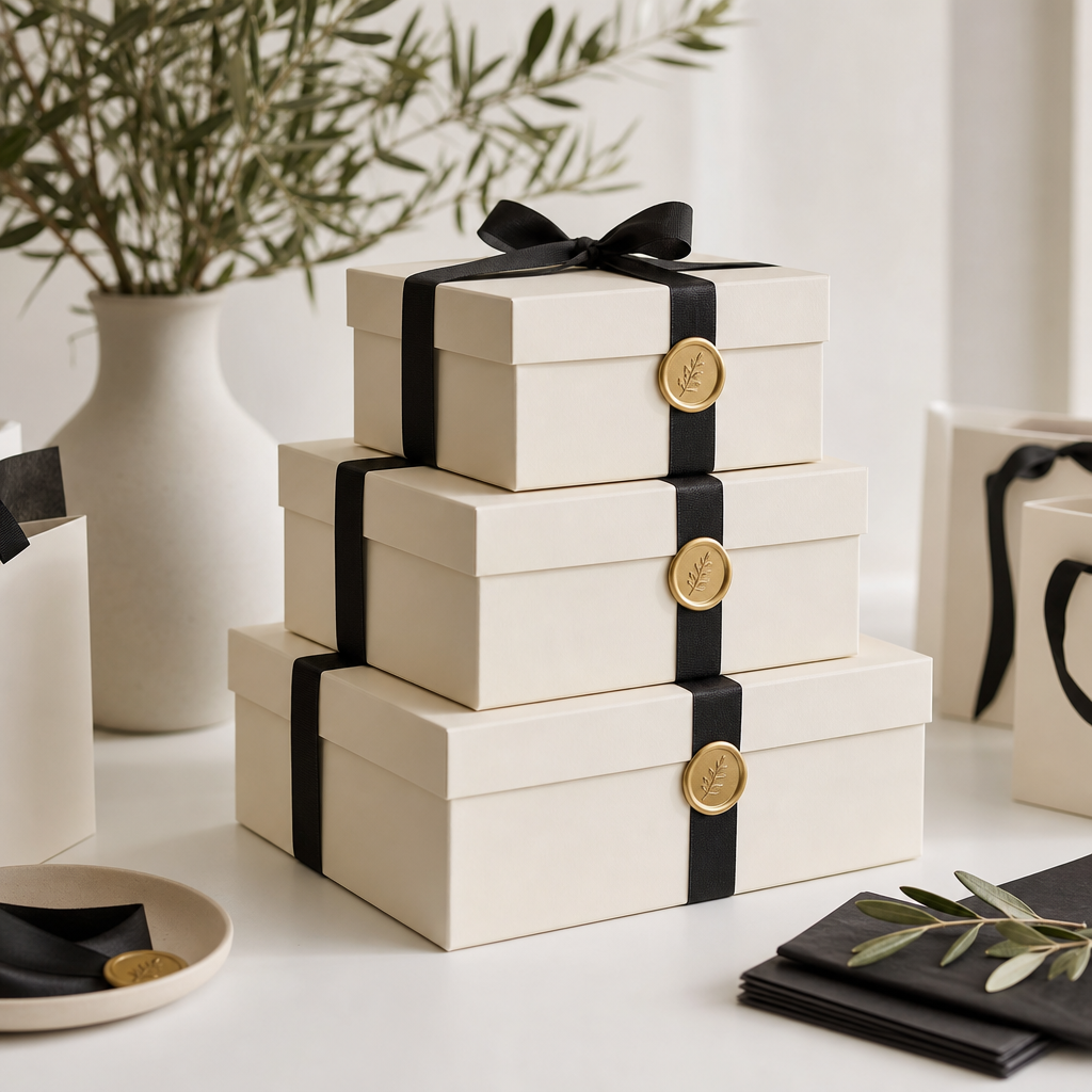 Coordinated bulk gifts with stacked boxes and wax seals