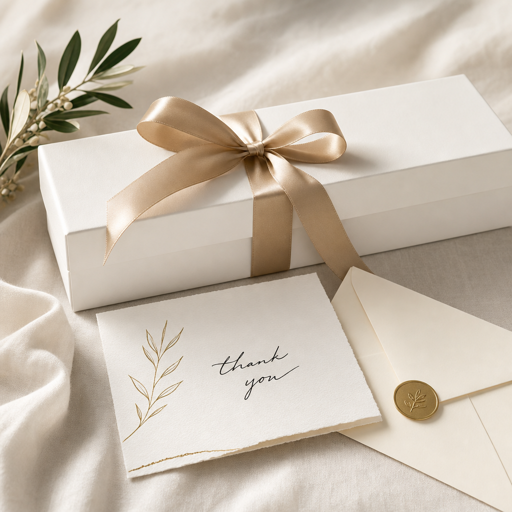 Curated client appreciation gift with note card and ribbon