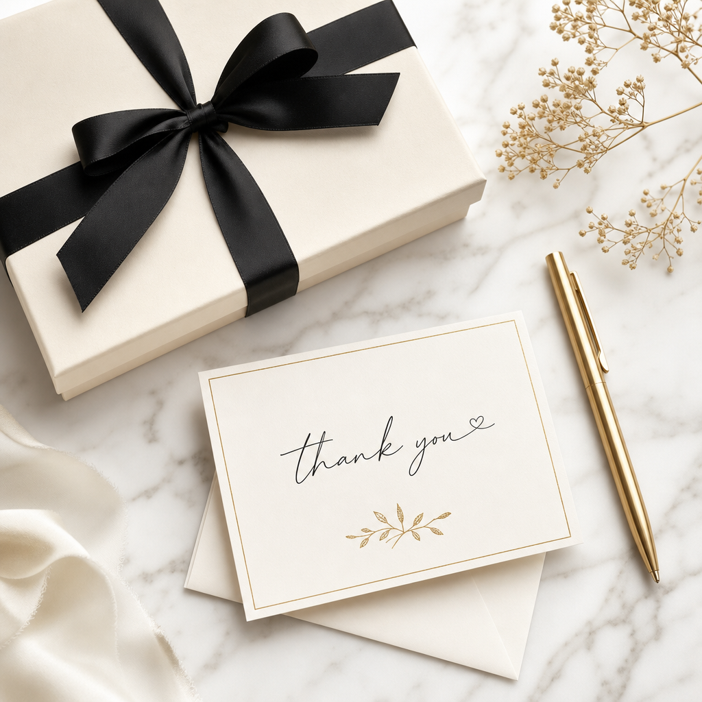 Editorial flat-lay of a soft ivory gift box with a black satin ribbon, handwritten card, and gold pen on a white marble surface
