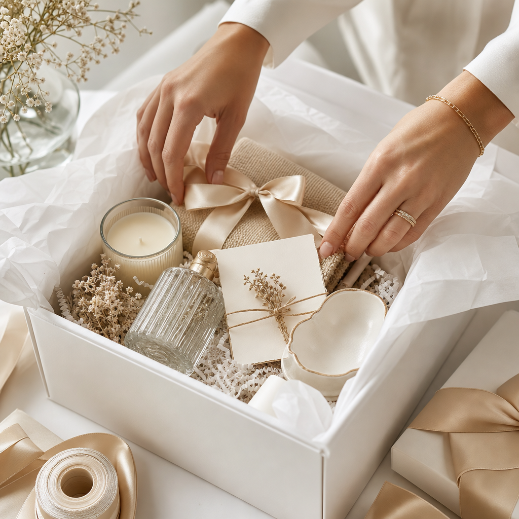 Close-up of soft ivory gift box wrapped with a satin ribbon and a handwritten card resting on textured linen