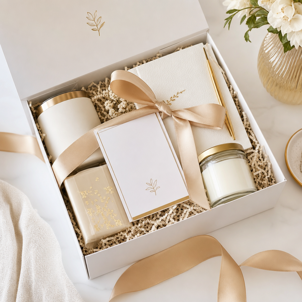 Finished Rooted Curations gift box with refined packaging, a personalized card, and soft gold accents arranged on a clean white surface