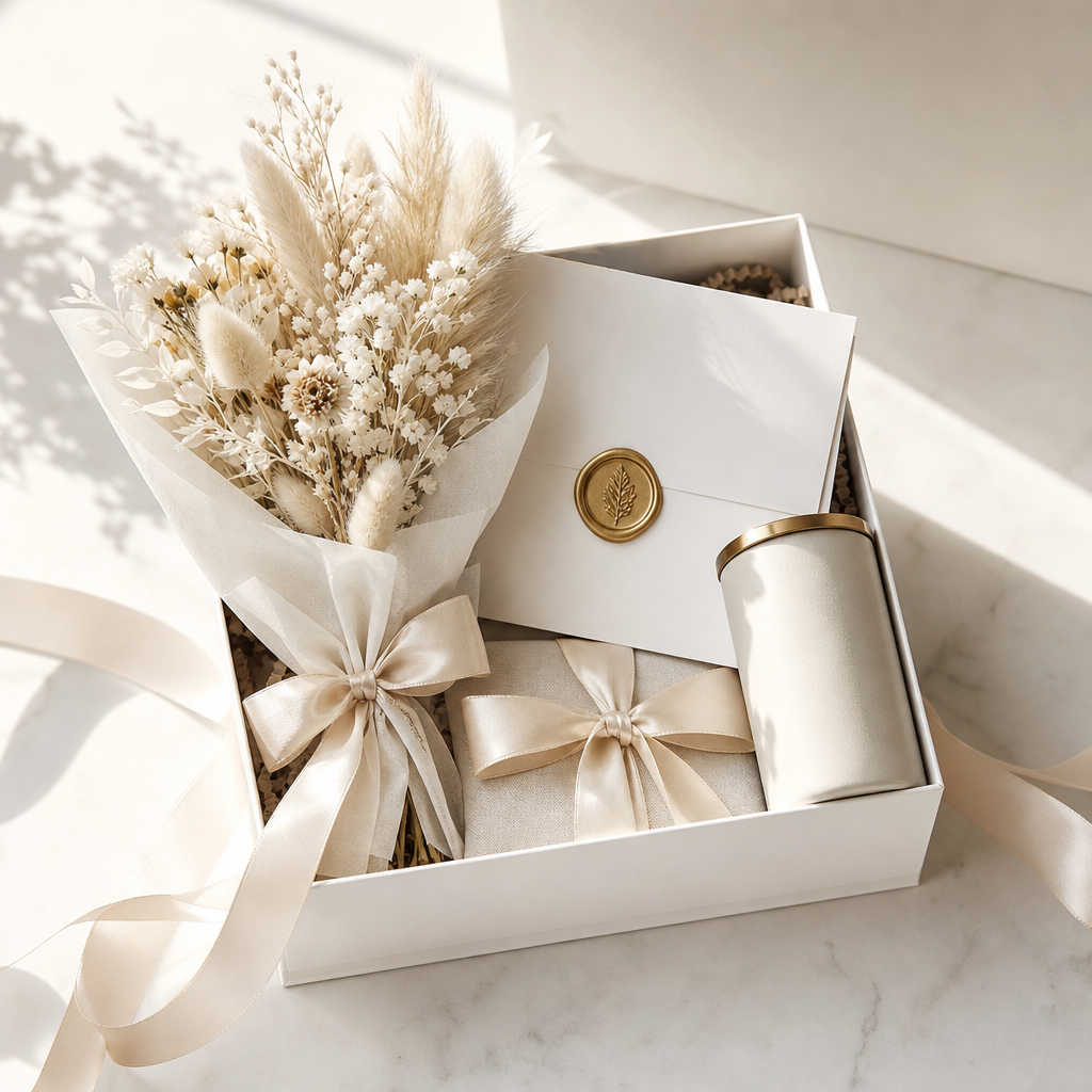 Event gifting box with floral accent and gold seal