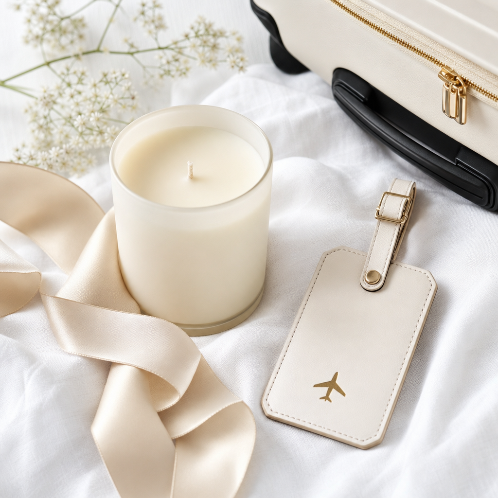 Elegant travel send-off gift arrangement with a cream candle, silk ribbon, and minimal luggage tag on a white linen backdrop