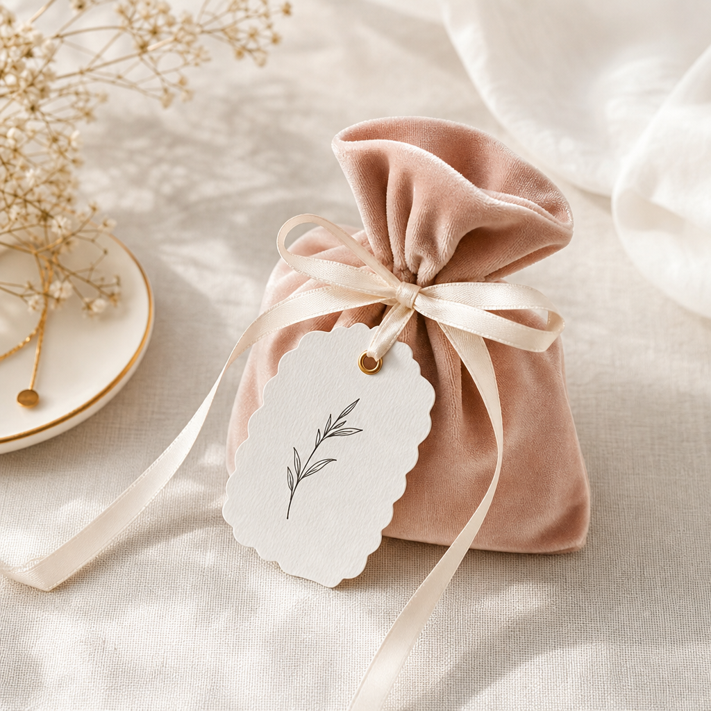 Single custom gift with velvet pouch and handwritten tag