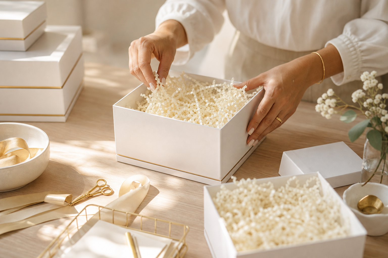 Hands filling gift boxes with soft crinkle paper on a clean worktable