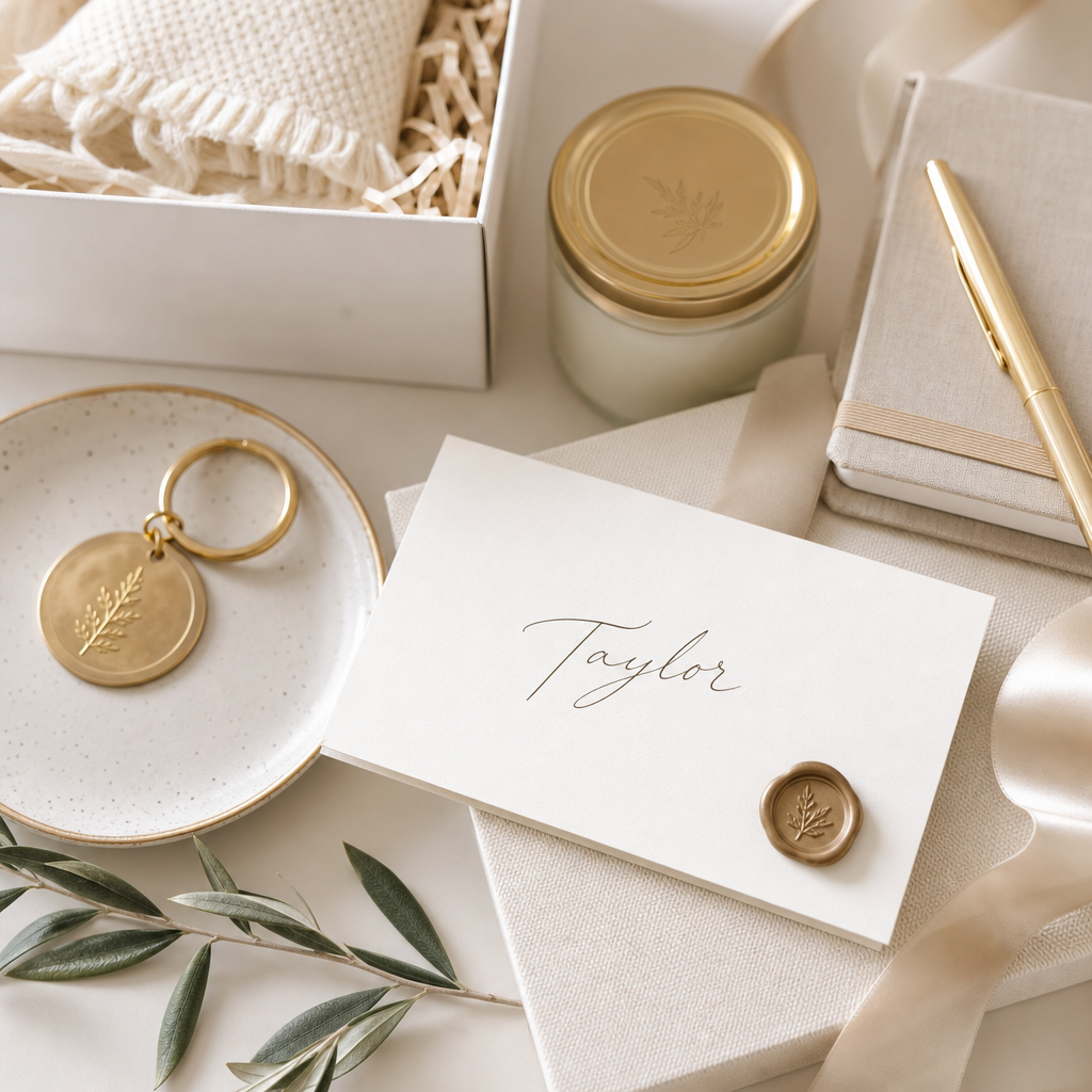 Personalized name card and wax seal arranged beside curated gift items